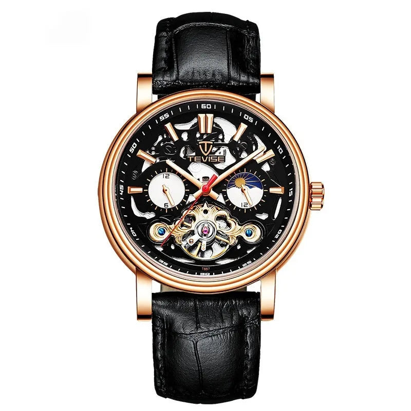 Men's tourbillon mechanical watch showing 16.5mm thickness with luminous hands and waterproof construction