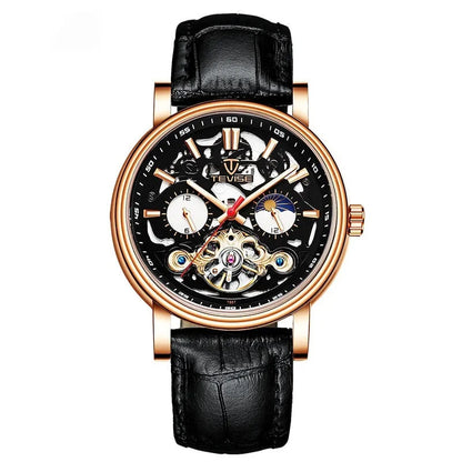 Men's tourbillon mechanical watch showing 16.5mm thickness with luminous hands and waterproof construction