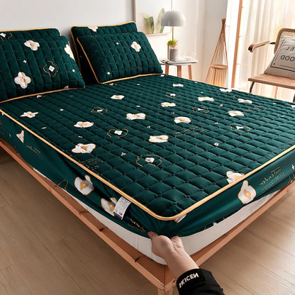 Mattress cover dust cover with brushed weave texture shown on bed, includes bed cover and pillowcase