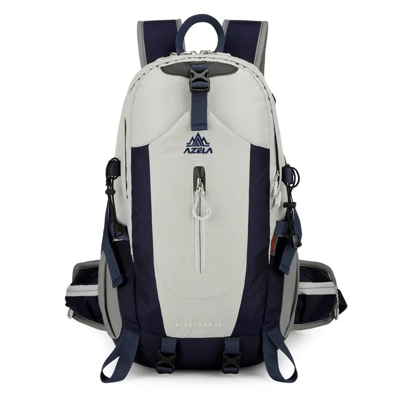 AZELA Electron 40L hiking backpack in white and navy with multiple compartments and adjustable straps