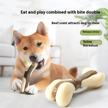 Cowhide and nylon bone grinding rod dog chew toy in foodie bones design, available in two sizes