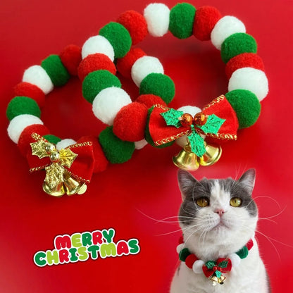 Festive plush pet collar with bow for dogs and cats, perfect for Christmas