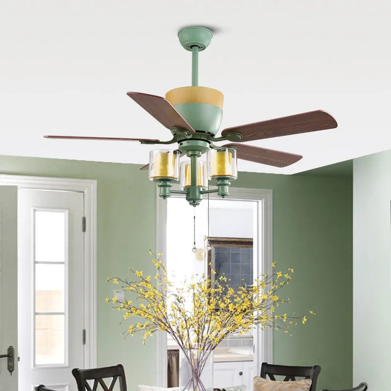 American Style Ceiling Fan Lamp with Iron Glass and Wood Leaf, 120cm Diameter, E27 x 3 Light Source, Three Speed Regulation, for Dining Room and Living Room, Dark Green Finish