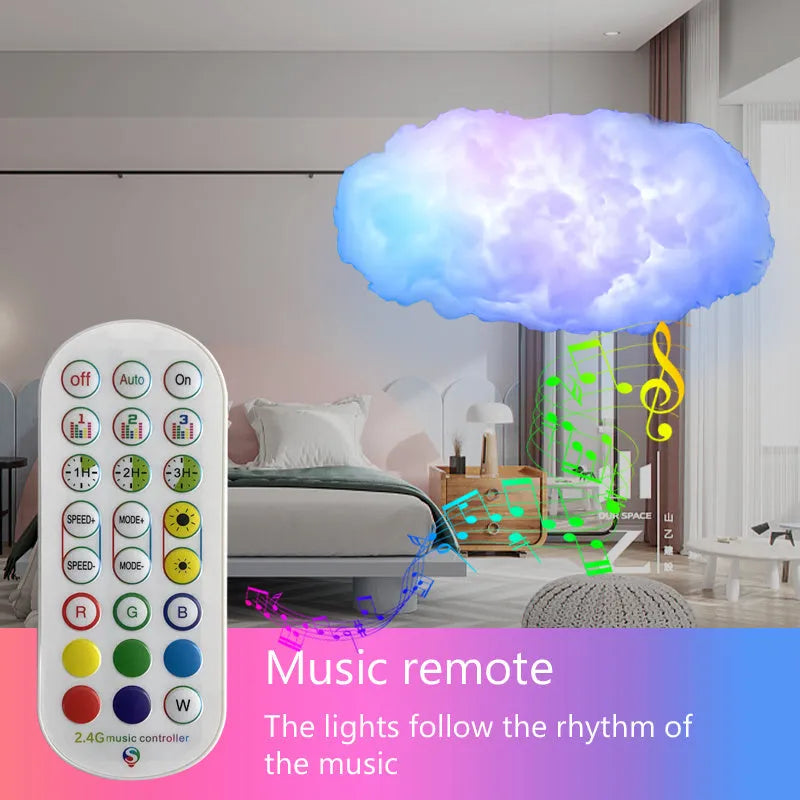 White fabric cloud-shaped ambient light with USB cable and remote control for music-synced RGBIC lighting