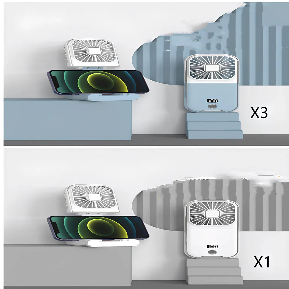 F30Pro folding portable handheld fan in white with digital display, 169x81x20mm size, USB charging, plastic blades for cooling