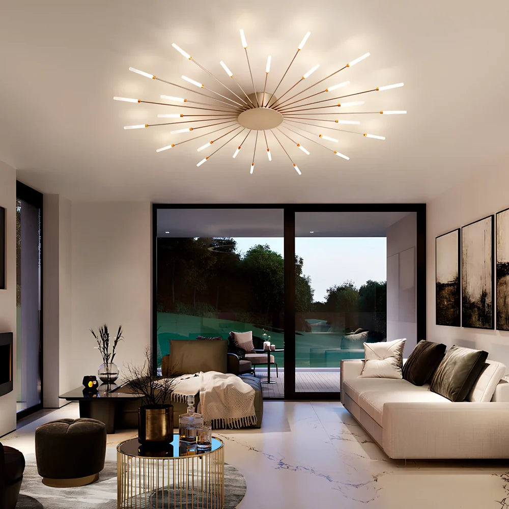 Ceiling room light with decorative iron framework and multiple bulb heads in gold or sand black finish