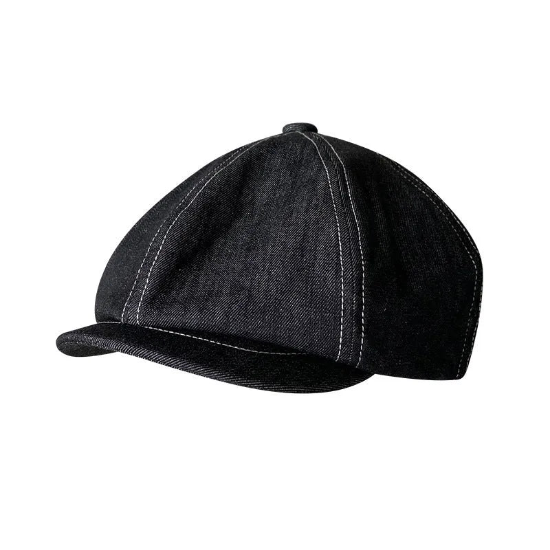 Unisex beret hat in Japanese Denim fabric black cotton, one-size adult casual wear accessory for men and women with M, L, XL adjustable sizing 56cm to over 60cm