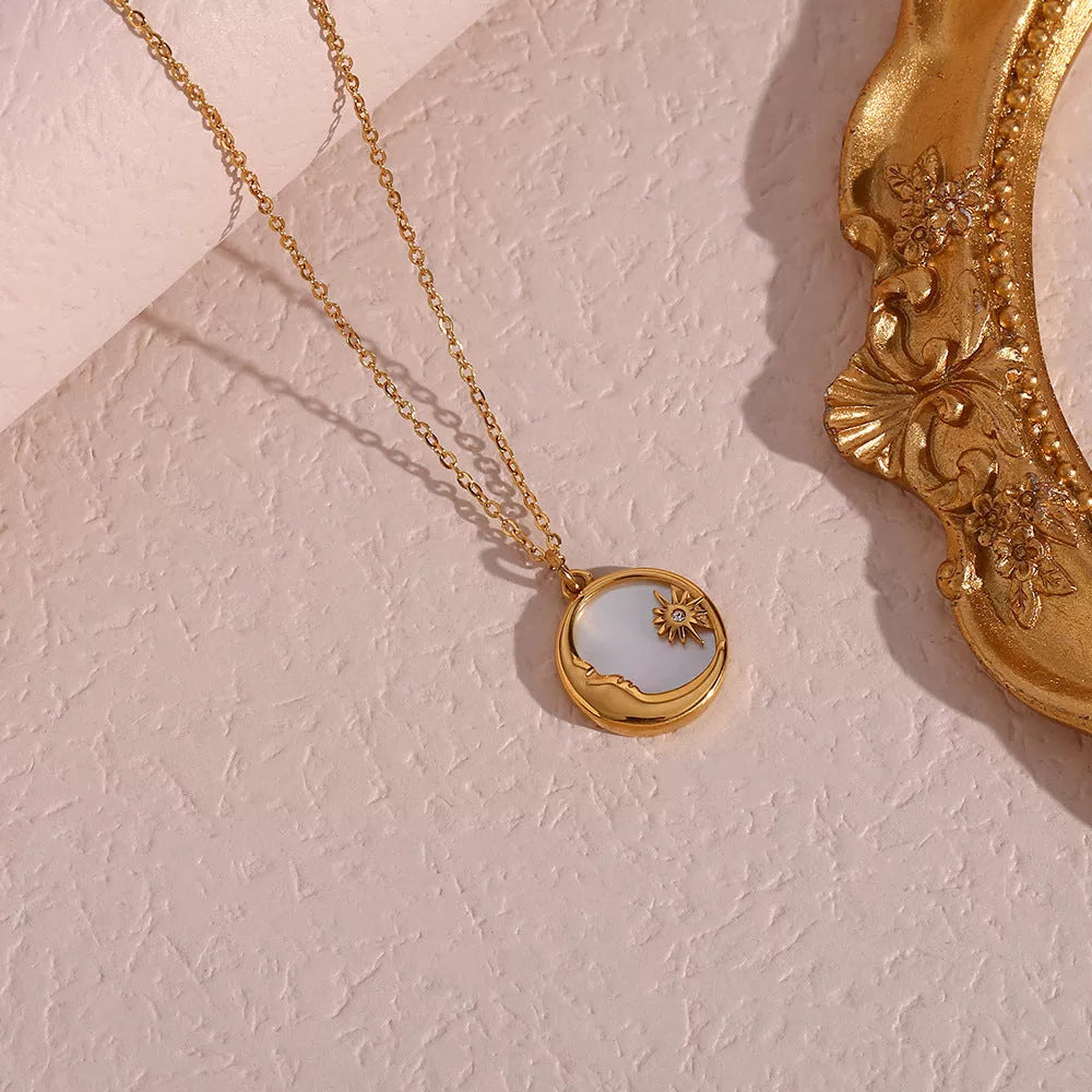 Gold shell moon and star pendant necklace with adjustable stainless steel chain