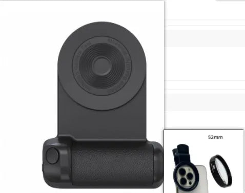 Black magnetic phone camera grip holder with rotatable stand on a table next to a smartphone.