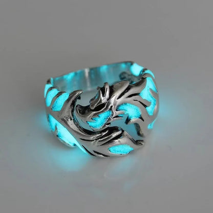 Adjustable Chinese style metal ring with a luminous dragon pattern in antique blue and green.