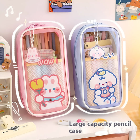Transparent PVC pencil case with cartoon bear design showing pens inside