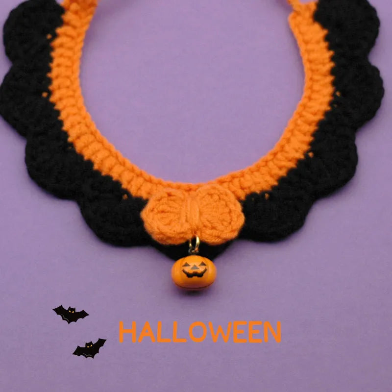 Hand crocheted wool Halloween pet collar for cats and dogs in pumpkin colours