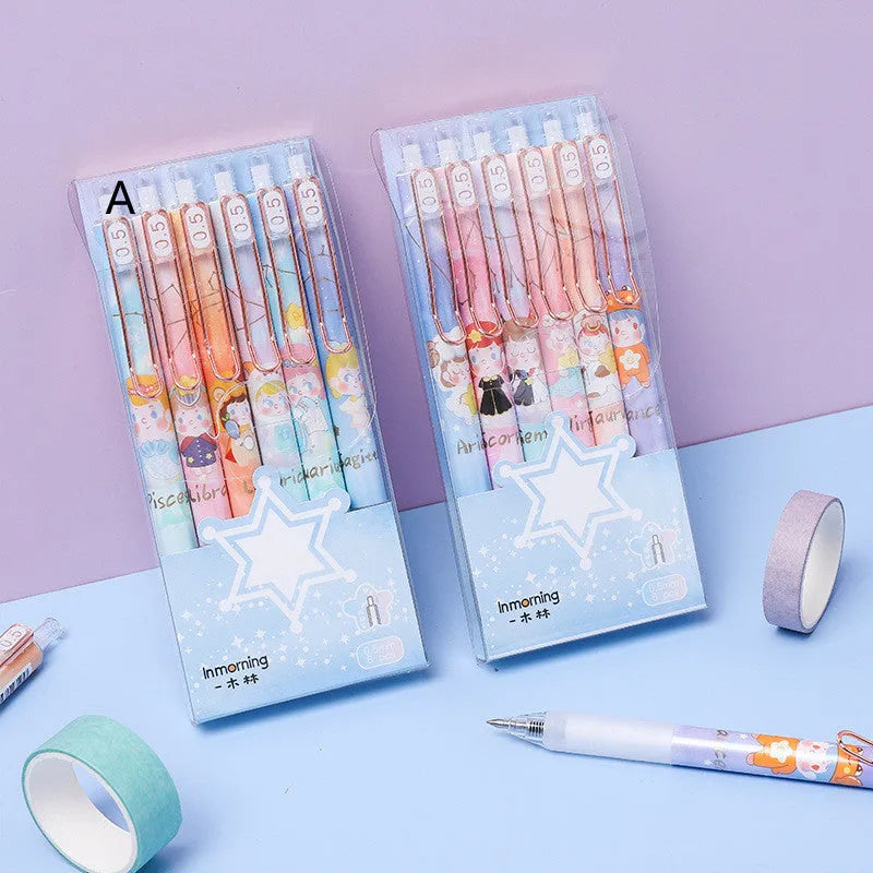 Set of six constellation-themed press gel pens with 0.5mm tips in two cartoon style choices.