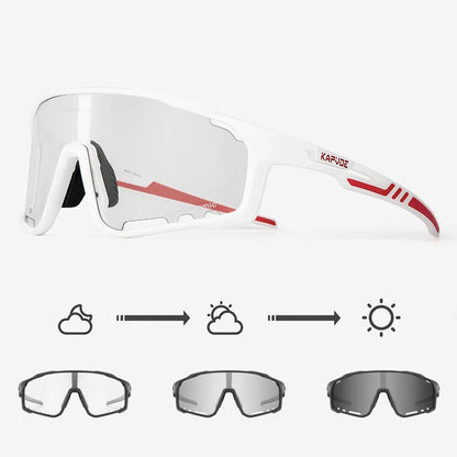 Photochromic cycling sports goggles with a semi-rimless TR90 frame and adaptive tint lens.