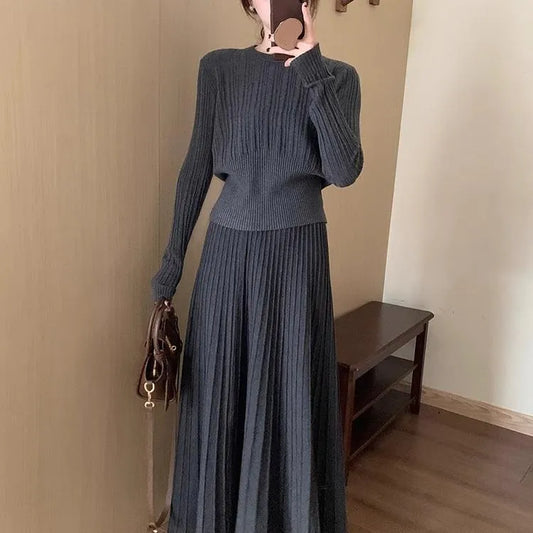Dark grey knitted dress suit with 3D pattern, artistic retro style, sweater and skirt set