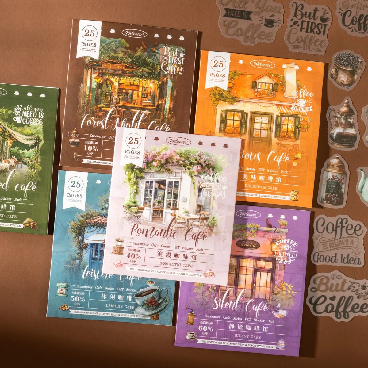 Cafe series retro hand account sticker package with Mori Night Cafe, Green Cafe, and other cafe styles in 25 or 75 sticker packs