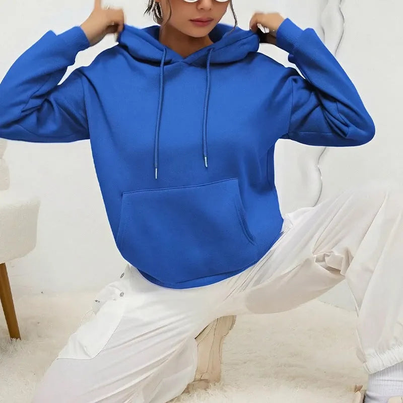 Women's loose grey sweatshirt with drawstring neck and front pocket, long sleeves, available in 17 colours