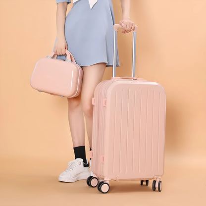 ABS PC hard shell trolley case with universal wheels, pull rod, and soft carry handle in 20 or 22 inch size
