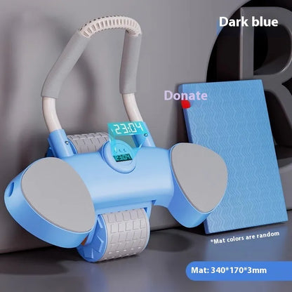Abdominal wheel with elbow support in blue, showing automatic rebound mechanism and four-wheel design for fitness training