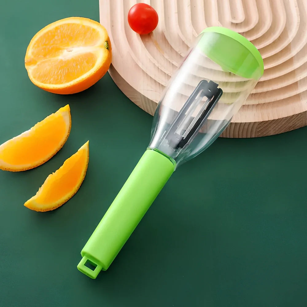 Red multifunctional peeling knife with 22cm stainless steel blade and protective storage tube for kitchen use