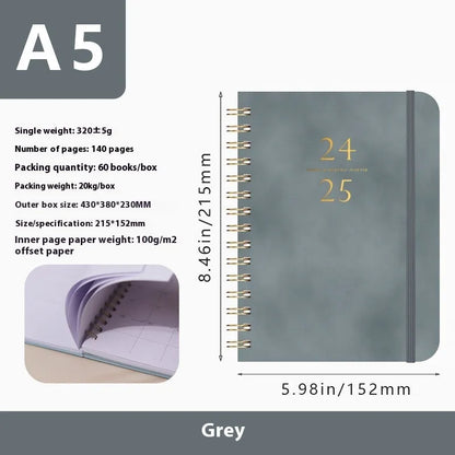 A5 size PU leather notebook with metal coil binding in a choice of colours including black, blue, and brown.