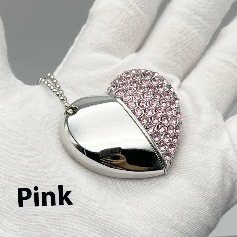 Heart-shaped metal USB flash drive with a brick-patterned surface in multiple colour options.