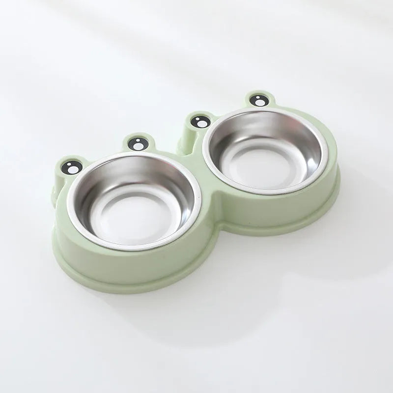 Stainless steel double pet bowl set with frog dish in blue, green, or pink.
