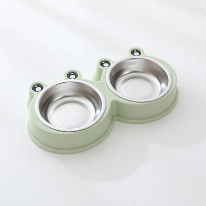 Stainless steel double pet bowl set with frog dish in blue, green, or pink.