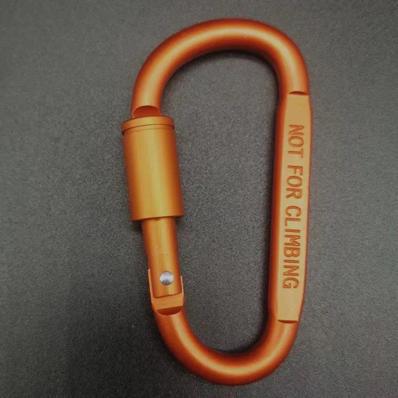D-type aluminium climbing carabiner with screw-lock gate in bright black colour, 8cm flat design