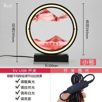 Black and white quicksand table lamp, 295mm tall with LED lights and remote control, coloured sand in glass chamber