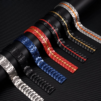 Stainless steel watch band for Samsung Galaxy Watch in multiple colour options on a grey background.