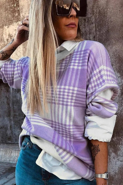 Lilac plaid print loose sweater with ribbed neckline and cuffs, long sleeves, shown in loose fit