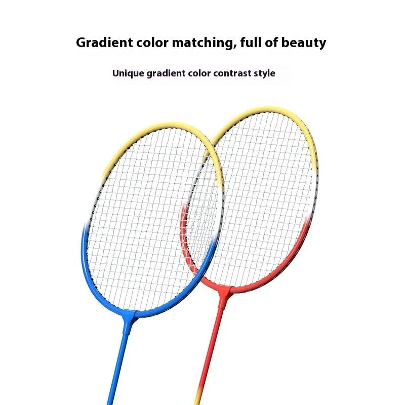 Pair of blue and red split badminton rackets showing separated and assembled states
