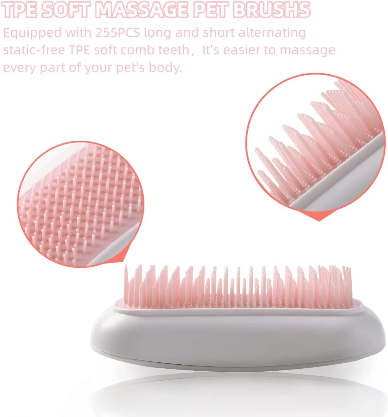 Pink Fuigarry handheld electric pet brush with soft teeth, placed on a carpet next to a cat.