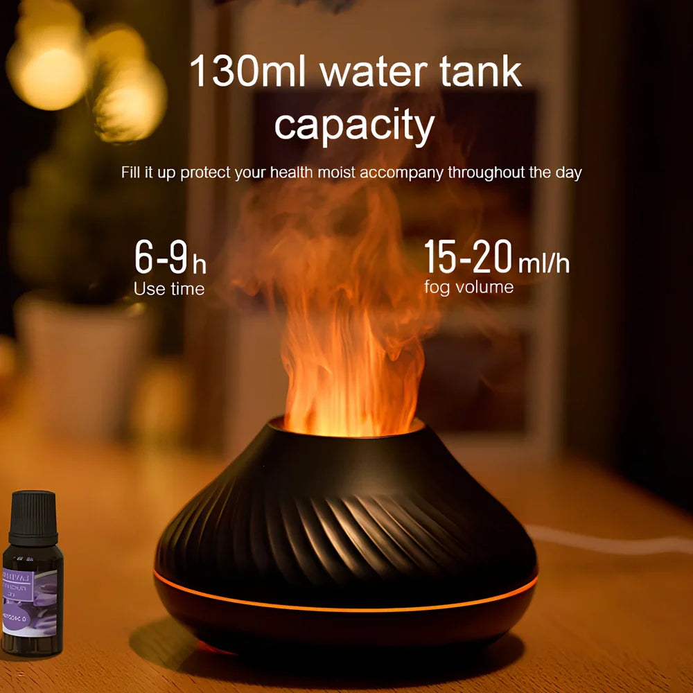 Black RGB flame aroma diffuser with colourful lighting effects and water mist emission