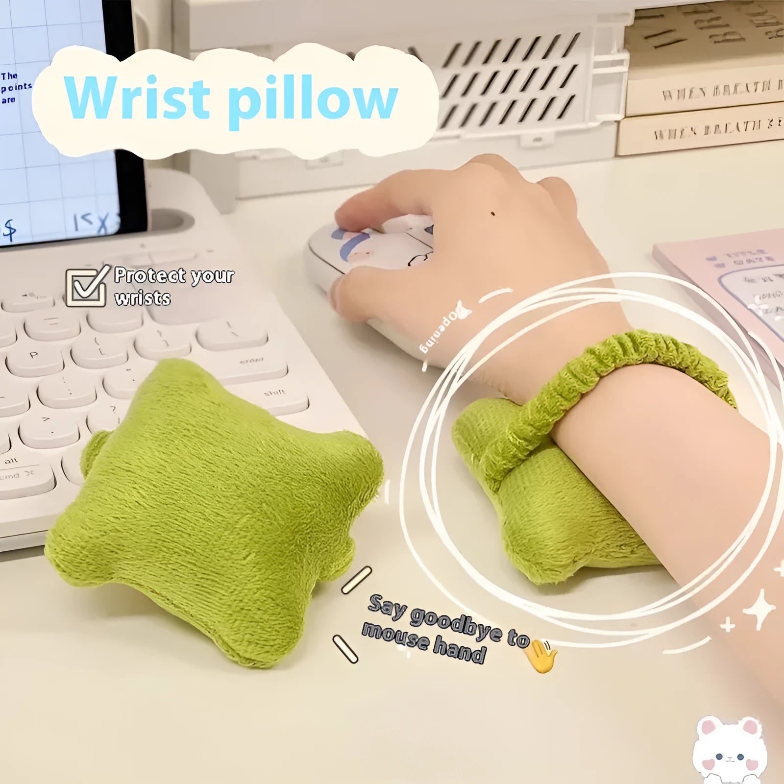 Plush polyester wrist protector mouse pad pillow in blue, green or pink colours