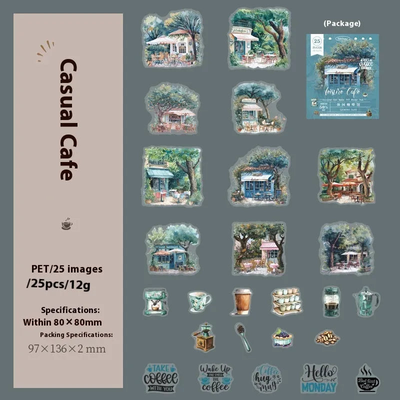Cafe series retro hand account sticker package with Mori Night Cafe, Green Cafe, and other cafe styles in 25 or 75 sticker packs
