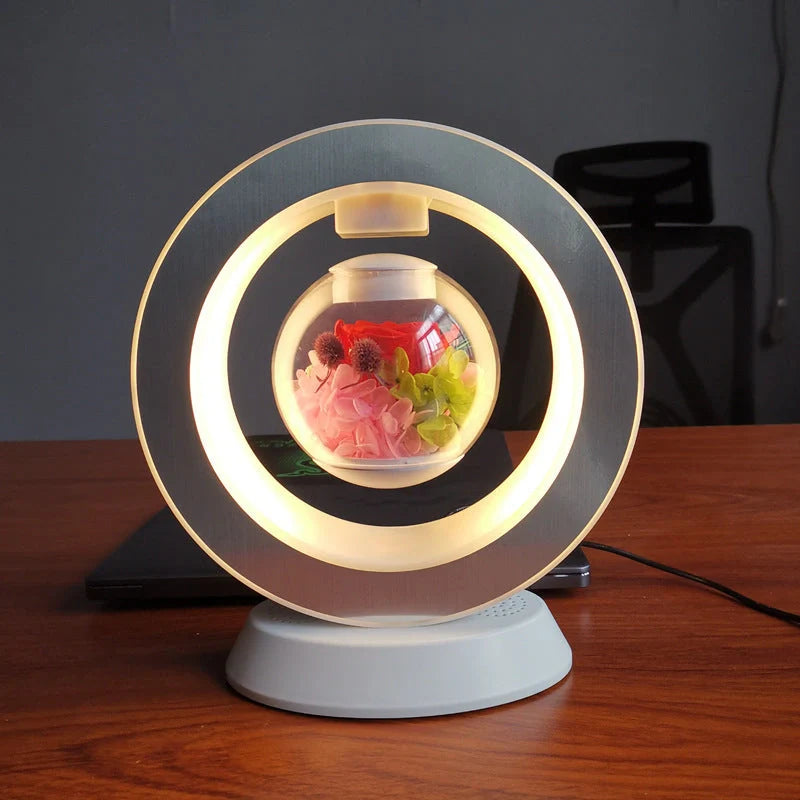 Magnetic Levitation LED Night Light with floating eternal flower in pink rose color