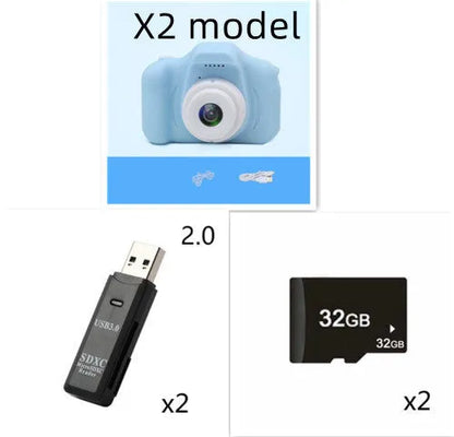 Colourful kids digital camera with silicone case showing 2-inch screen and lens.