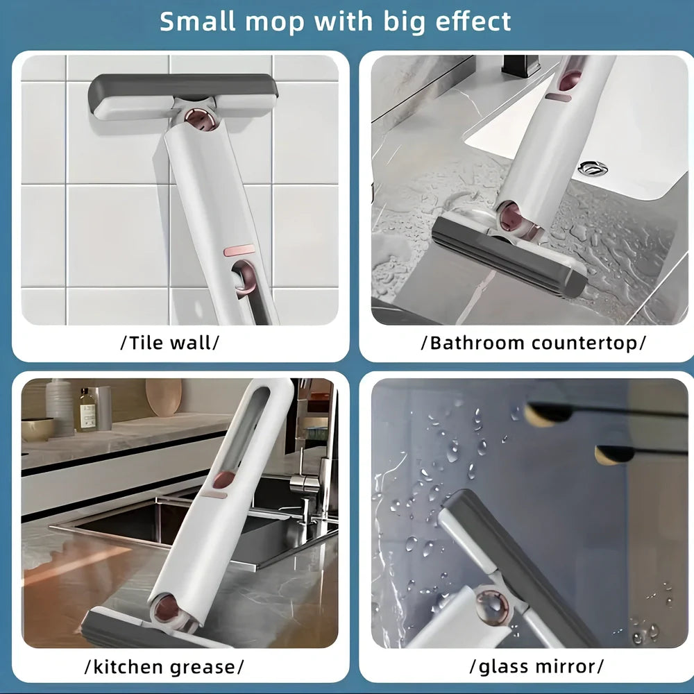 Portable self-squeeze mini mop showing 180-degree fold mechanism and compact design