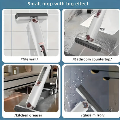 Portable self-squeeze mini mop showing 180-degree fold mechanism and compact design