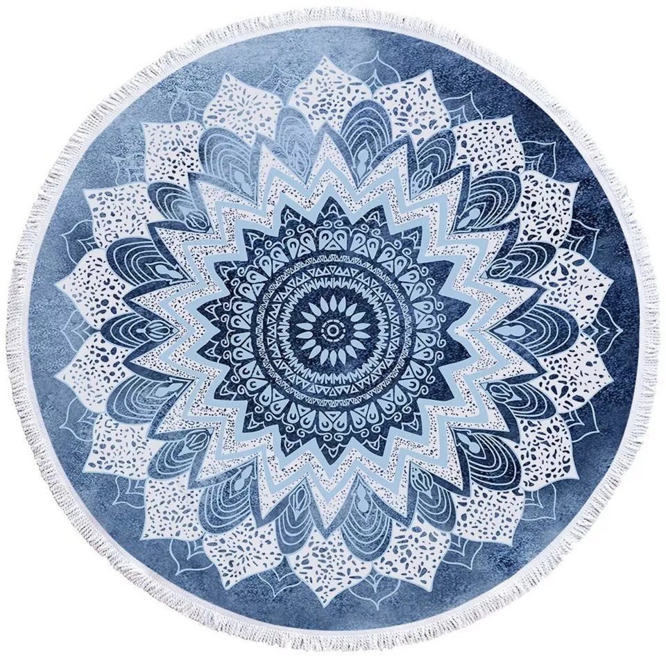 Round printed polyester towel mat for beach, yoga, and home decor with vibrant 3D patterns