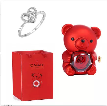 Eternal Rose Teddy Bear Jewelry Box with rotating drawer and preserved rose