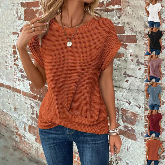Women's short-sleeved waffle t-shirt in solid colors for summer wear