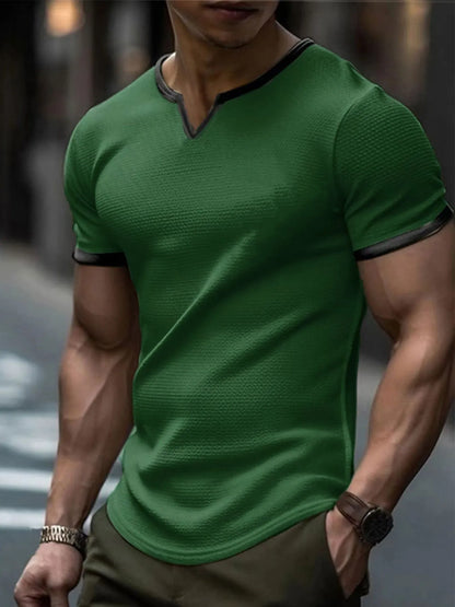 Men's colour-block V-neck waffle texture t-shirt in polyester for sports