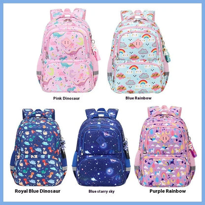 Blue dinosaur print children's school backpack with curved shoulder straps, shown from front and side.