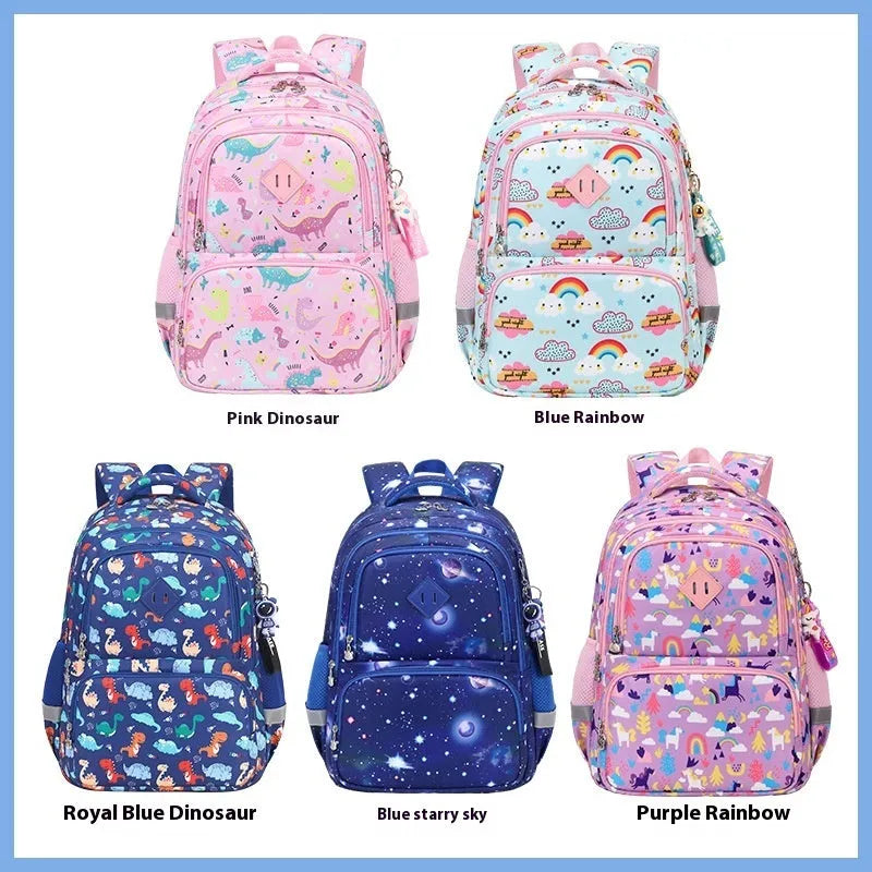 Blue children's dinosaur pattern school backpack with curved straps on a white background