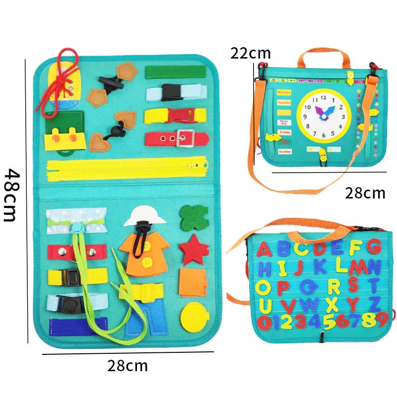 Children's busy board with dressing and buttoning features for early learning