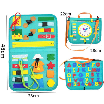 Children's busy board with dressing and buttoning features for early learning