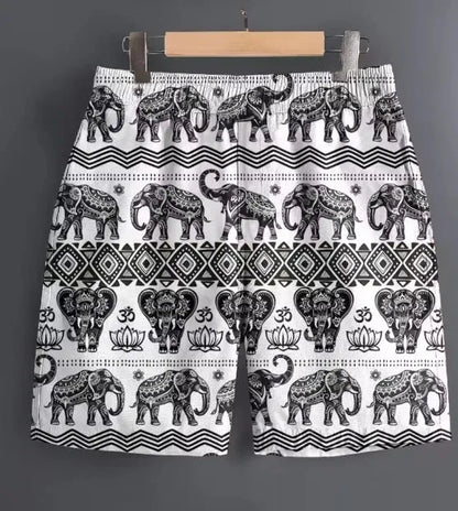Men's casual polyester shorts in a camouflage pattern, shown with a relaxed fit for outdoor use.